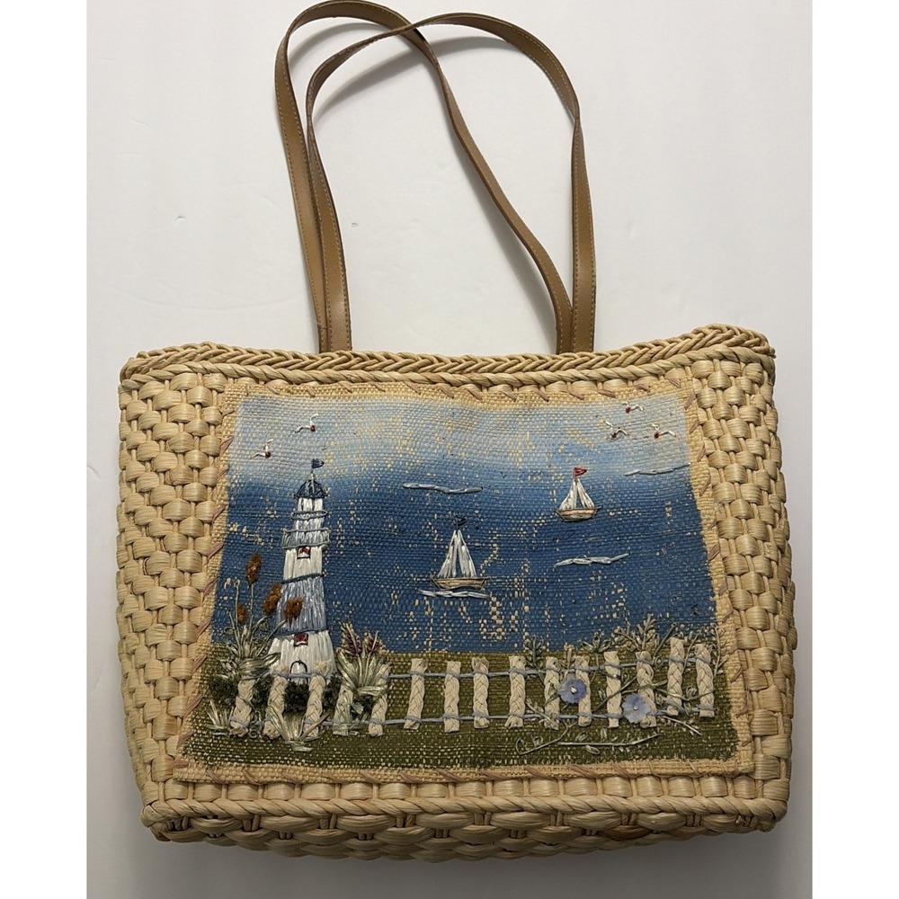Cappelli Straworld Straw Handbag Lighthouse Sail Boat Purse Tote Bag/